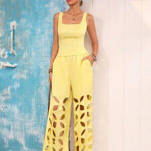 Yellow Casual Women's Square Neck Tank Top and Pants Set